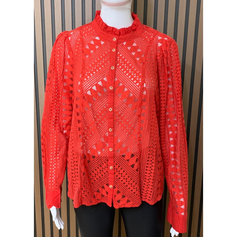 A+ by Anthropologie Red Geometric Lace Ruffle Neck Button Front Blouse 16W